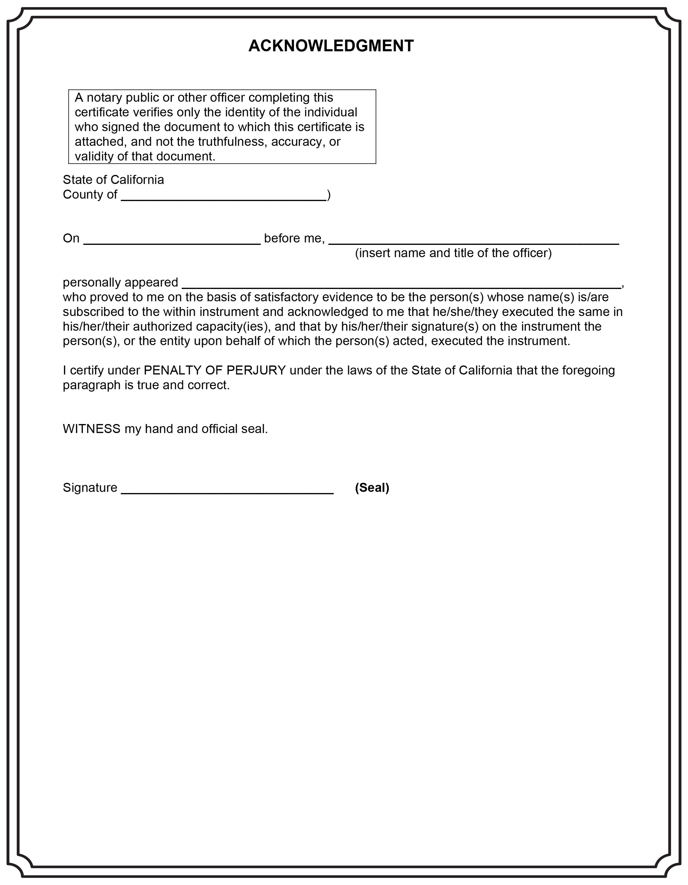 Notary Acknowledgement Form California