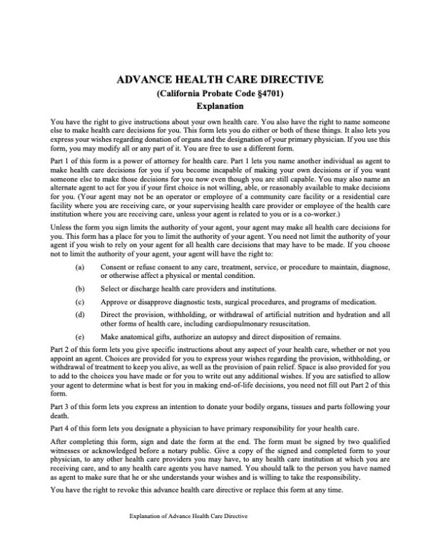 Advance Healthcare Directive Form